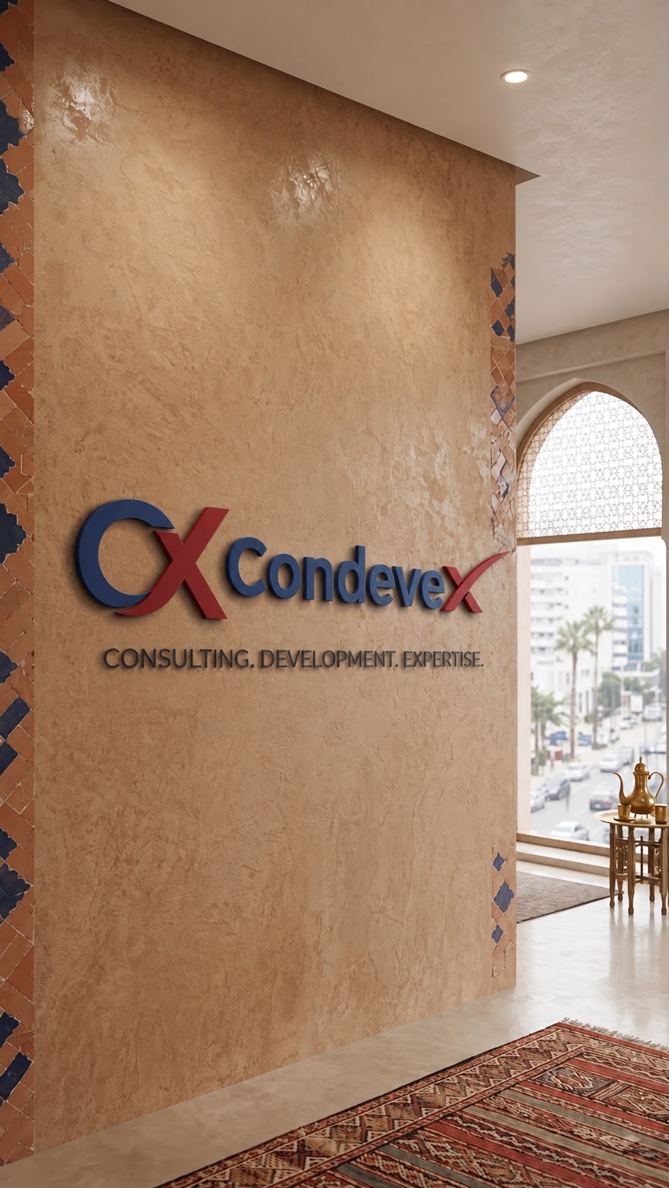 Condevex reception area in Casablanca with the company wordmark and a view over the city